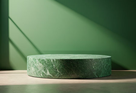 Green marble podium on green background. Mock up, 3D Renderingの素材