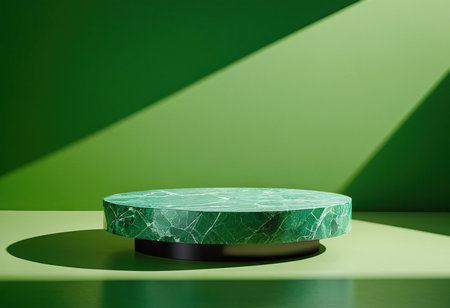 Green marble podium on green background. Mock up for product presentation. 3D renderingの素材