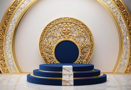 3d render of round stage podium with gold pattern on white marble floorの素材