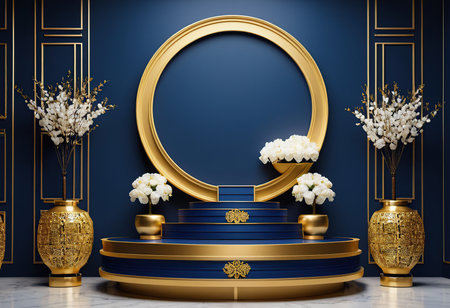Podium, pedestal or platform for cosmetic product presentation with gold ornaments on blue background. 3d renderの素材