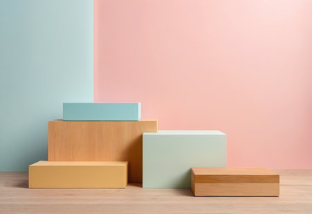 Minimalist abstract scene with geometric podiums on wooden table and pastel wall backgroundの素材