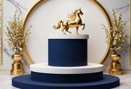 3d render of white podium with golden horse on white marble backgroundの素材