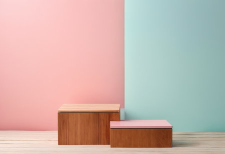 Wooden product stand on wooden floor against pastel wall. 3d renderingの素材