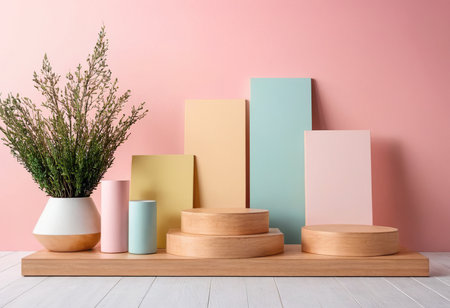 Wooden podium with green plant in vase on pink wall backgroundの素材