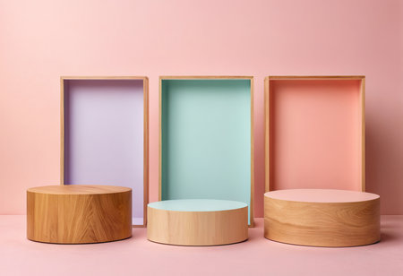 Wooden podiums on pink background. 3d render illustration.の素材