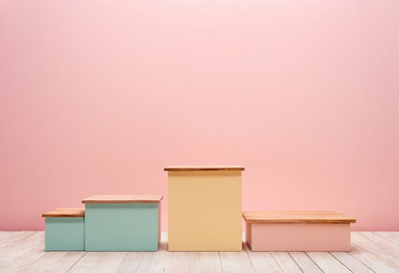 Wooden podiums on wooden floor against pink wall. 3d renderingの素材