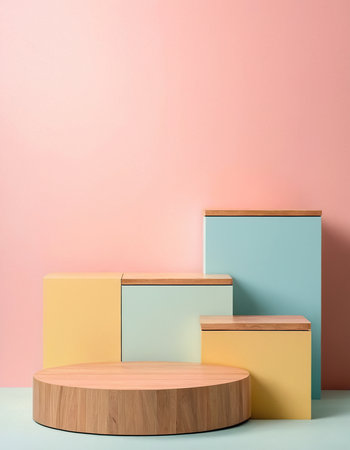 Colorful podiums on pink and blue background. 3d renderの素材