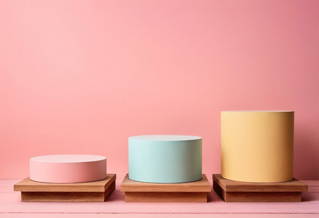 Colorful geometric podiums on pink background. Minimal style.の素材