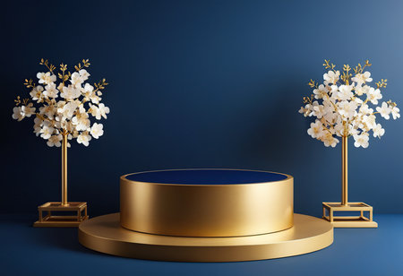 3d render, abstract minimal geometric forms. Glossy gold podium, pedestal or platform for product presentation with white orchid flowers on blue background.の素材