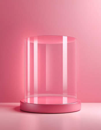 Empty round glass showcase on pink background. 3d render illustration.の素材