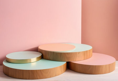 Three round podiums in pastel colors. 3d render.の素材