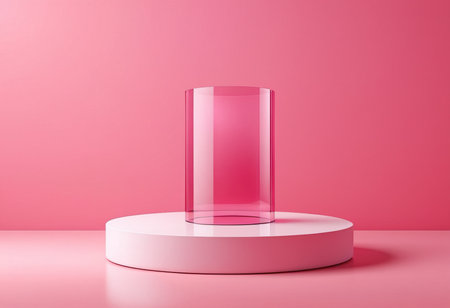 Empty round podium on pink background. Mock up, 3D Renderingの素材