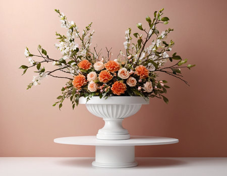 Bouquet of flowers in a vase on a white tableの素材