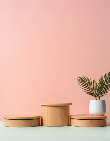 wooden podiums with plant in pot on table on pink backgroundの素材