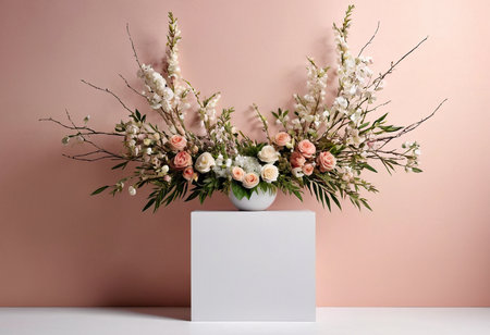 Bouquet of flowers in vase on table near color wallの素材