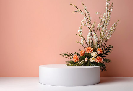 Beautiful flowers in vase on table near color wall. Space for textの素材