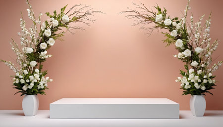 Minimalist composition with white flowers in vases on pink backgroundの素材