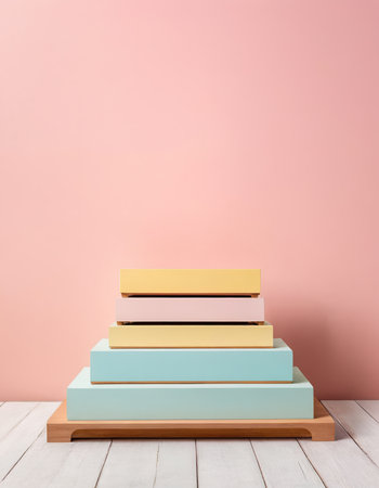 stack of colorful books on wooden shelf over pastel pink wall backgroundの素材