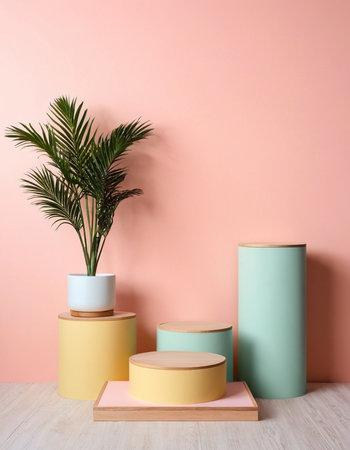 Minimalist scene with podiums and plants on color wall backgroundの素材