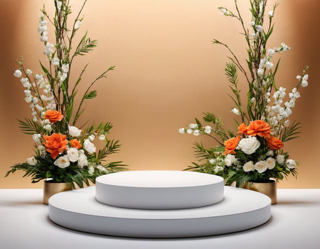 3d render of minimal product display podium with white and orange flowersの素材