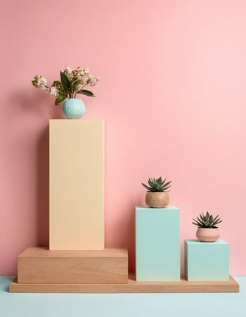 Wooden podiums with succulents in pots on color backgroundの素材