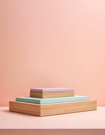Wooden podium for product presentation on pink background. 3d renderingの素材