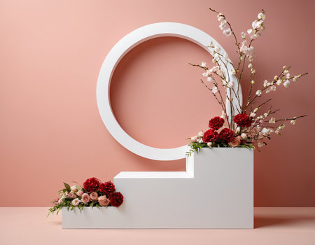 3d render, white round podium with flowers on pink background.の素材