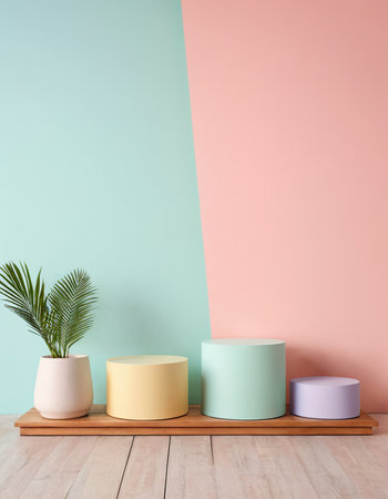 Interior of living room with pastel color wall and wooden shelfの素材