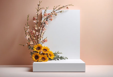 Flowers in vase on table. Mockup for product presentationの素材