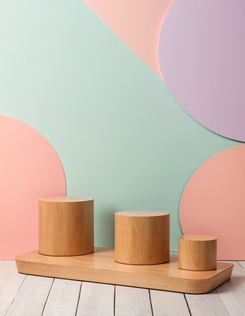 Wooden podiums with pastel color background. 3d renderの素材