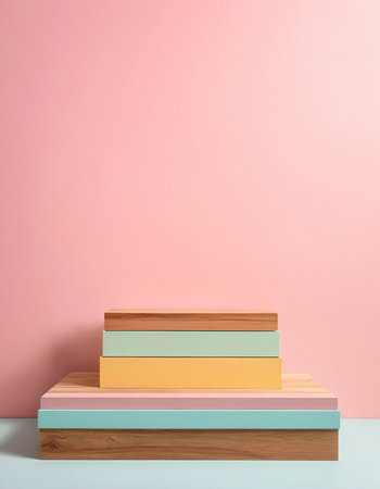 Colorful geometric podiums on pastel pink and blue background. 3d renderの素材