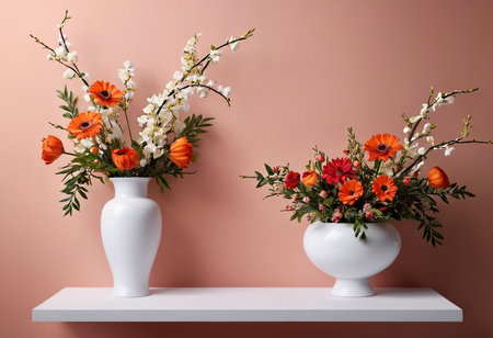 Beautiful spring flowers in vases on shelf against color wall backgroundの素材