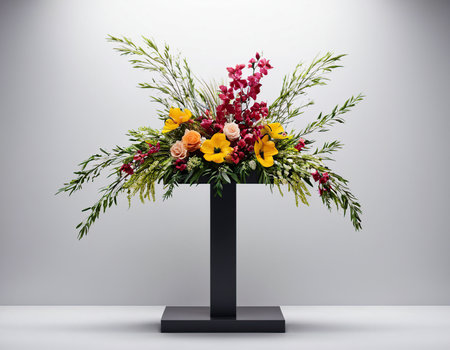 Beautiful bouquet of flowers in black vase on gray backgroundの素材