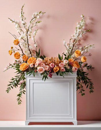 Flower arrangement in a white frame on a pink wall background.の素材