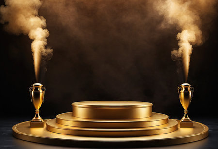 Golden winners podium and smoke on dark background. Award ceremony concept. 3D renderingの素材