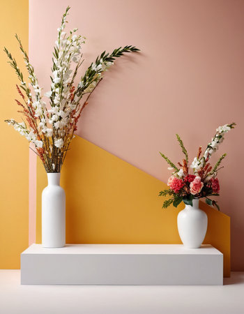 Vase with spring flowers on the table. Minimalistic interiorの素材