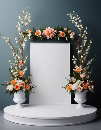 Blank photo frame with spring flowers in vase on white tableの素材