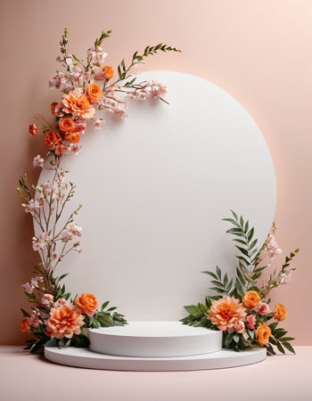 White round podium with flowers on pink background. 3d render.の素材