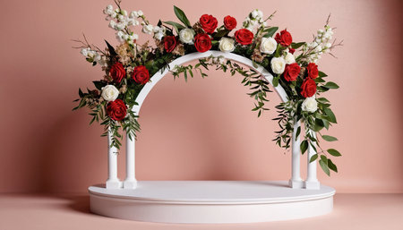 White arch with red roses and white gypsophila flowers on pink backgroundの素材