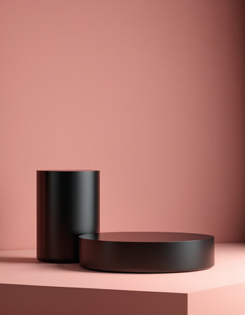 Black and white round podium on pink background. 3D rendering.の素材