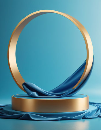 3d render, abstract blue background with blue cloth and golden round podiumの素材