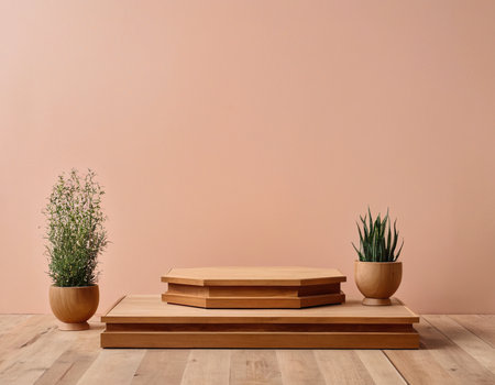empty podium with plants on wooden floor near beige wall, mockupの素材
