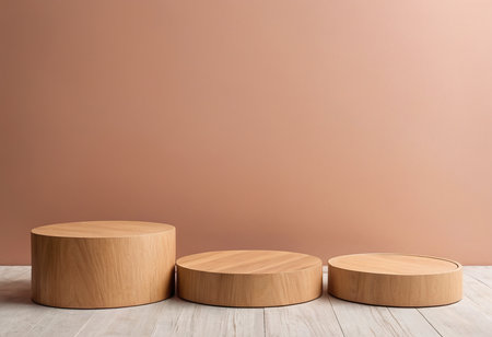Wooden podiums on a wooden floor in front of a wallの素材