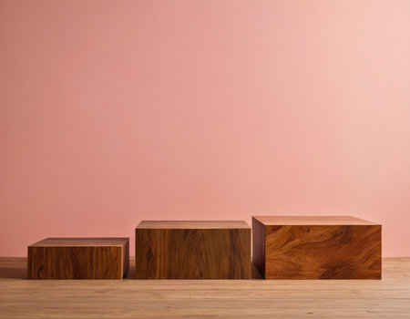 Wooden podiums on a wooden table against a pink wall.の素材