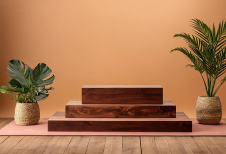 wooden steps in front of a brown wall with plants in potsの素材