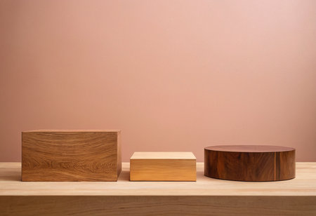 Wooden product stand on beige background. 3D rendering.の素材