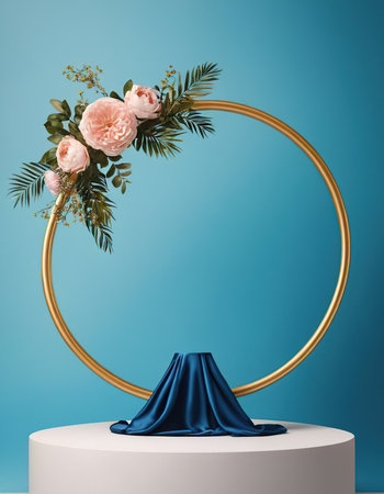 3d render, abstract minimal geometric forms, blue background, luxury podium for product presentation, empty round stage with gold frame, luxury decorationの素材