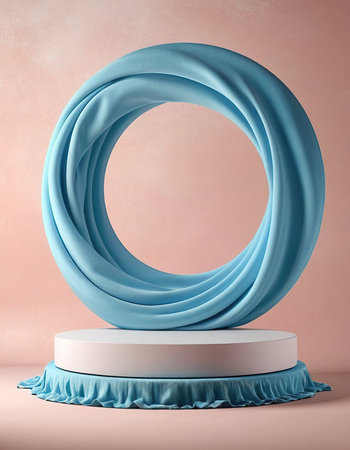 Abstract minimal scene with blue cloth and round podium. 3d renderの素材
