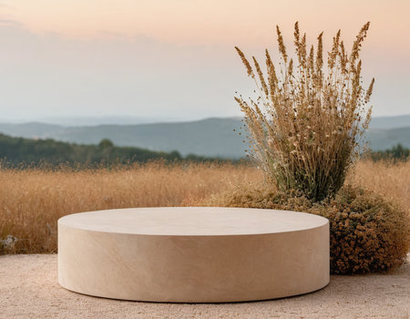 Wooden podium for product presentation in front of mountain landscape. 3d renderingの素材