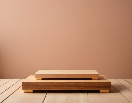 Wooden platform for product presentation on brown background. 3d renderingの素材